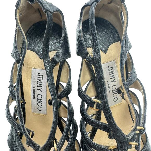 Jimmy Choo Black Leather Green Shimmer Gladiator Cage Platform Stiletto Sandals - Picture 9 of 11